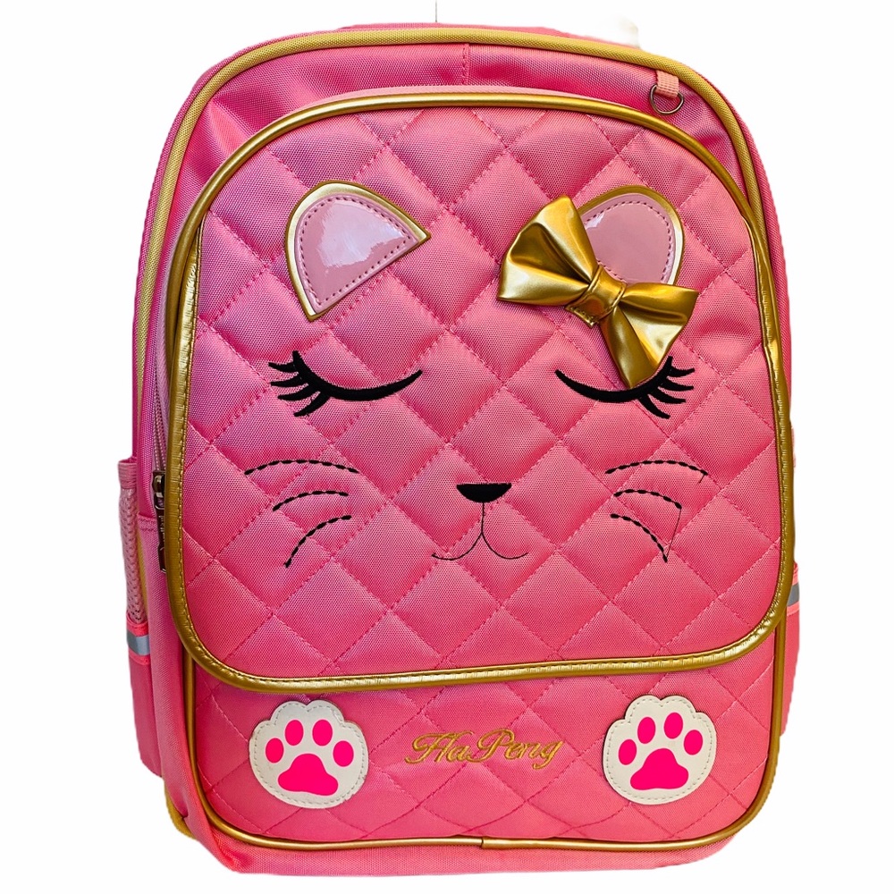 New Bright Pink Kitty Multi Pocket School Backpack